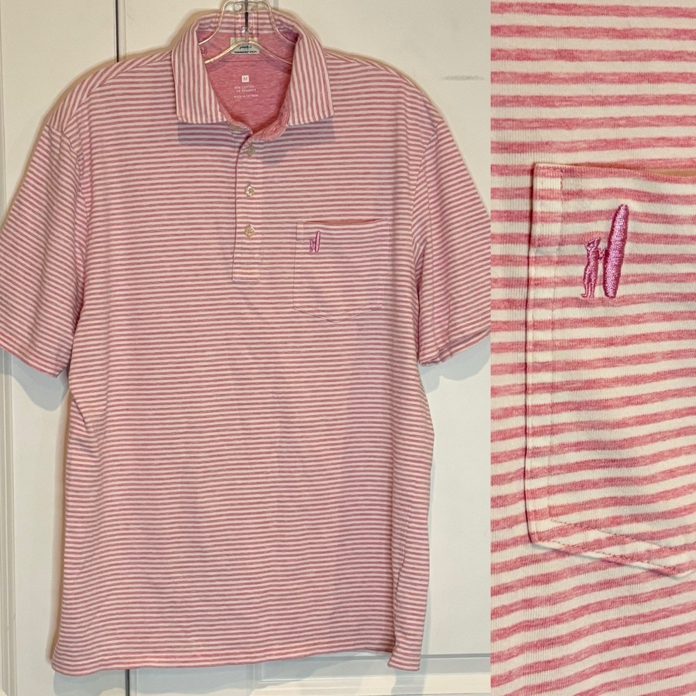 Johnnie-O Dante Raspberry Pink White Stripe Pocket Polo Short Sleeve Shirt M